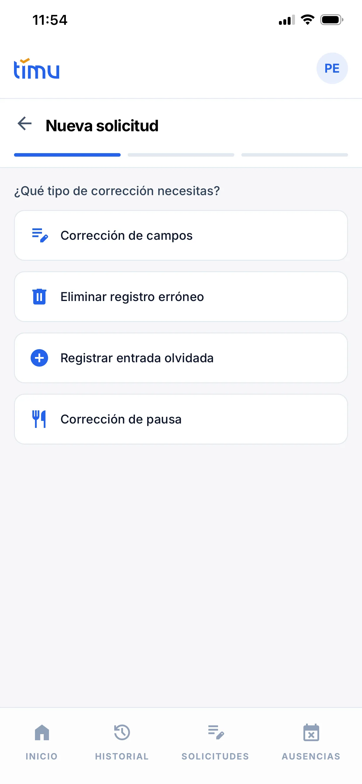 Nueva corrección, paso 1: los cuatro tipos de corrección (Corrección de campos, Eliminar registro erróneo, Registrar entrada olvidada y Corrección de pausa)