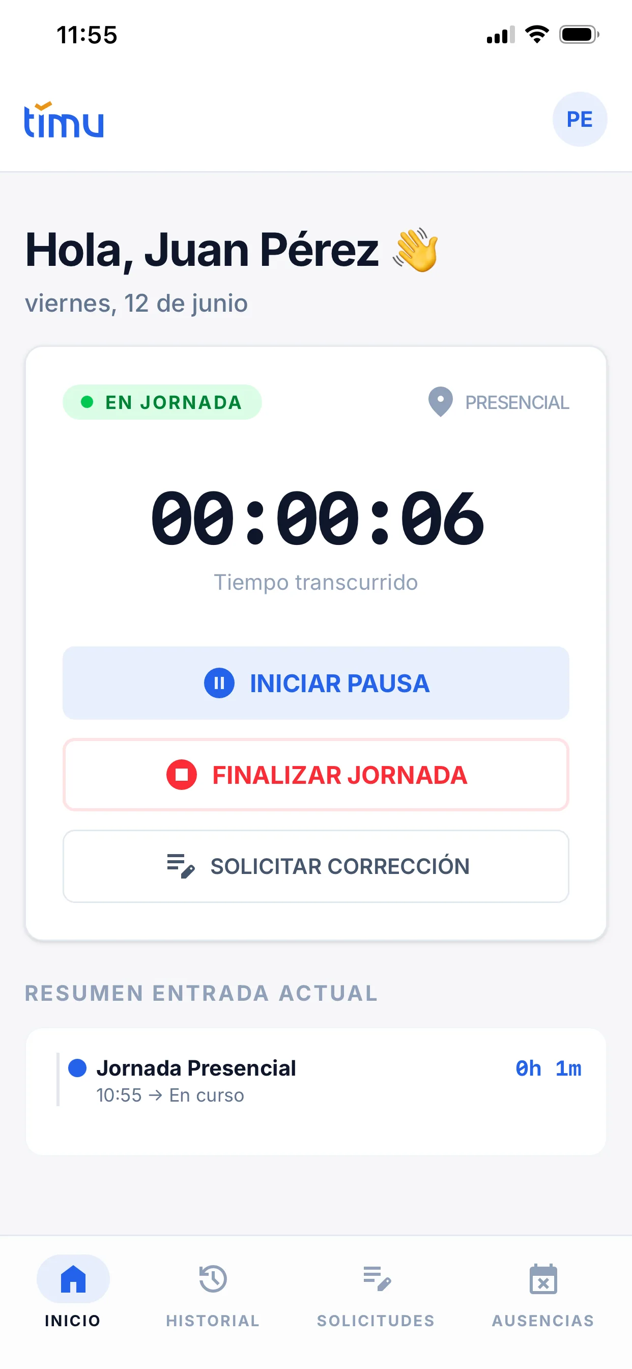 Dashboard en estado «EN JORNADA» con el cronómetro y los botones Iniciar pausa, Finalizar jornada y Registrar corrección